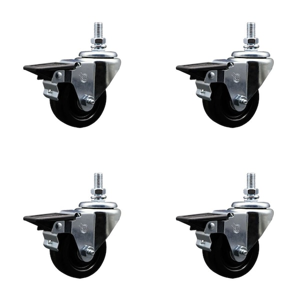 3 Inch Phenolic 12 Inch Threaded Stem Caster Set with Brake